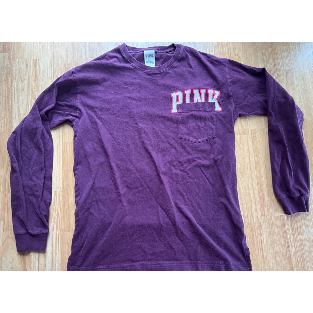Victorias Secret PINK Womens Small Purple Long Sleeve Pocket Logo T-Shirt